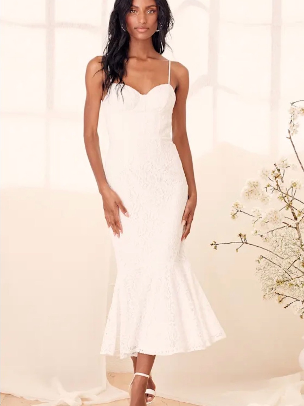 Lulu's White Lace Trumpet Midi Dress with Sweetheart Neckline